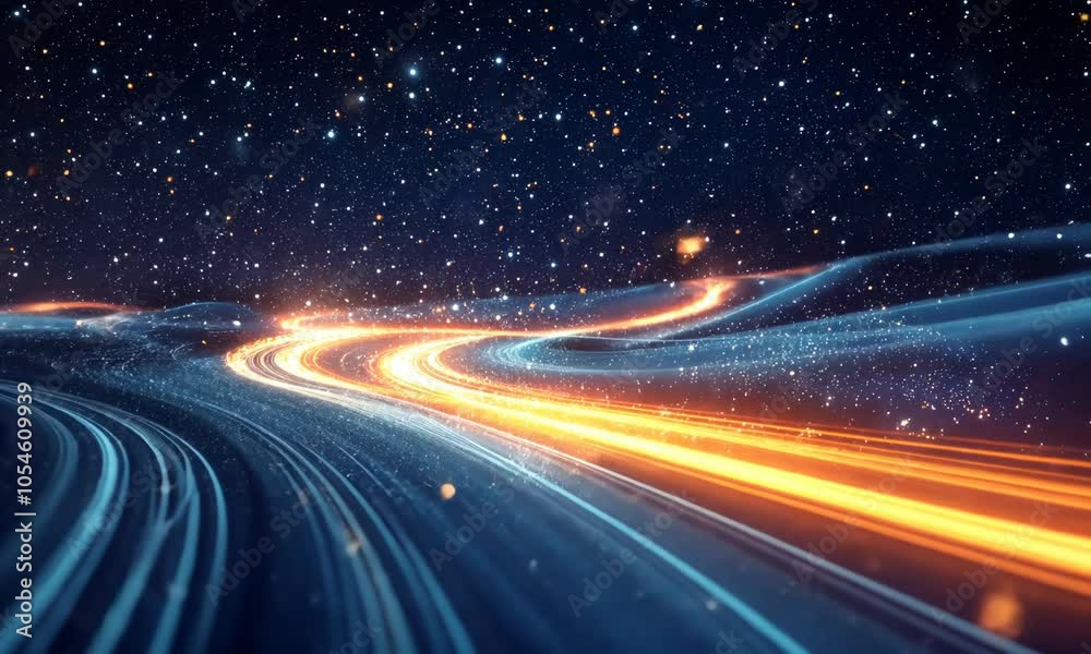 An abstract Christmas night with glowing light trails and twinkling stars, set against a dark, snowy landscape with softly falling snowflakes An abstract Christmas night with glowing light trails and twinkling stars, set against a dark, snowy landscape with softly falling snowflakes