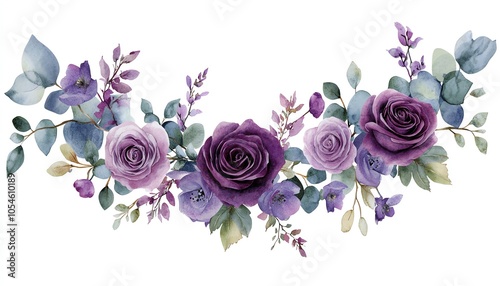 Fototapeta Naklejka Na Ścianę i Meble -  Inviting watercolor corner border showcasing purple roses and violet flowers with eucalyptus, perfect for crafting elegant wedding stationery