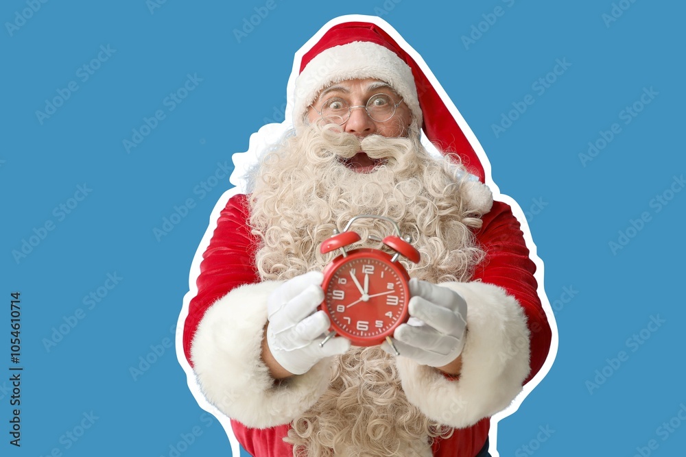 Surprised Santa Claus and alarm clock on blue background Surprised Santa Claus and alarm clock on blue background