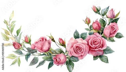 Fototapeta Naklejka Na Ścianę i Meble -  Lovely watercolor floral corner border with pink roses and greenery, perfect for enhancing wedding invitations and floral arrangements