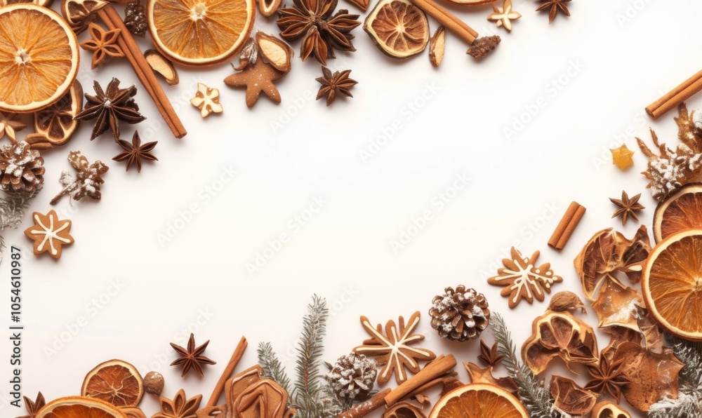 A Christmas card featuring a white background with space for text, beautifully decorated with cinnamon sticks, dried orange slices, star-shaped cookies, rosemary sprigs, and holly leaves with berries A Christmas card featuring a white background with space for text, beautifully decorated with cinnamon sticks, dried orange slices, star-shaped cookies, rosemary sprigs, and holly leaves with berries