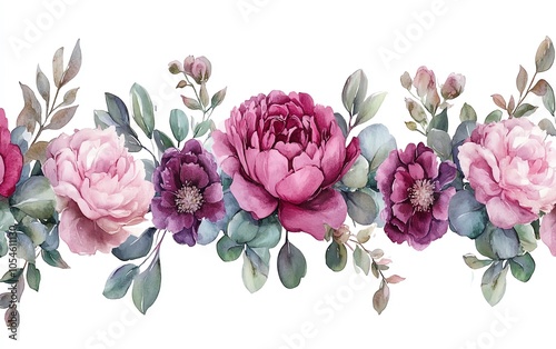 Watercolor floral border featuring pink flowers and eucalyptus greenery, including dusty roses and soft blush peonies, perfect for elegant wedding stationery and backgrounds photo