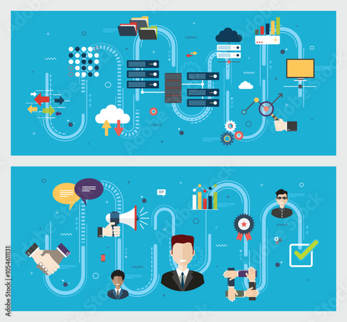Vector graphic illustration of icon set with concept of leadership and collaboration. Cloud computing, and data flow, digital connectivity and information management concepts.