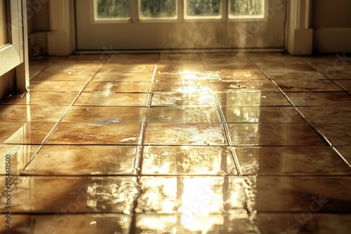 home water damage, damp kitchen floor glistening under the soft afternoon sun, showing signs of water damage photo