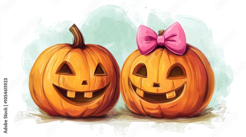 two Halloween pumpkins love, pumpkin couple, romance, male and female, the female pumpkin has a pink tie on the head, anime illustration style.