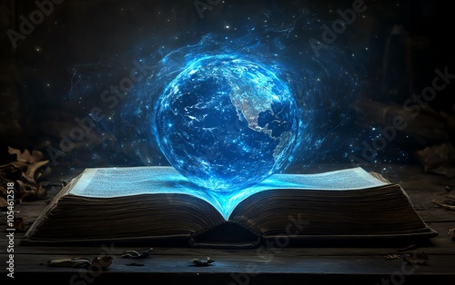 An artistic portrayal of an open book with a bright blue globe above photo