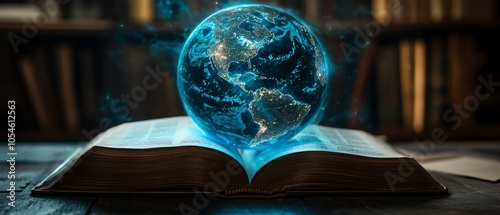 An open book illuminated by a blueglowing globe, embodying the power of knowledge and worldwide networks, ideal for a technology and business concept in a dark setting photo