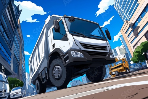 a 2D cartoon illustration of a garbage truck on a busy street important and helpful white background