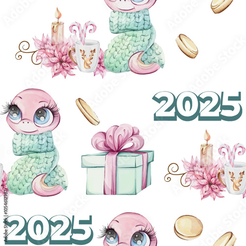 Pink snake girl in green sweater with cup and gift, candy cane and red poiscentia in watercolor style, seamless pattern. Cartoon postcard with symbol hugge of Chines New Year 2025 for souvenirs