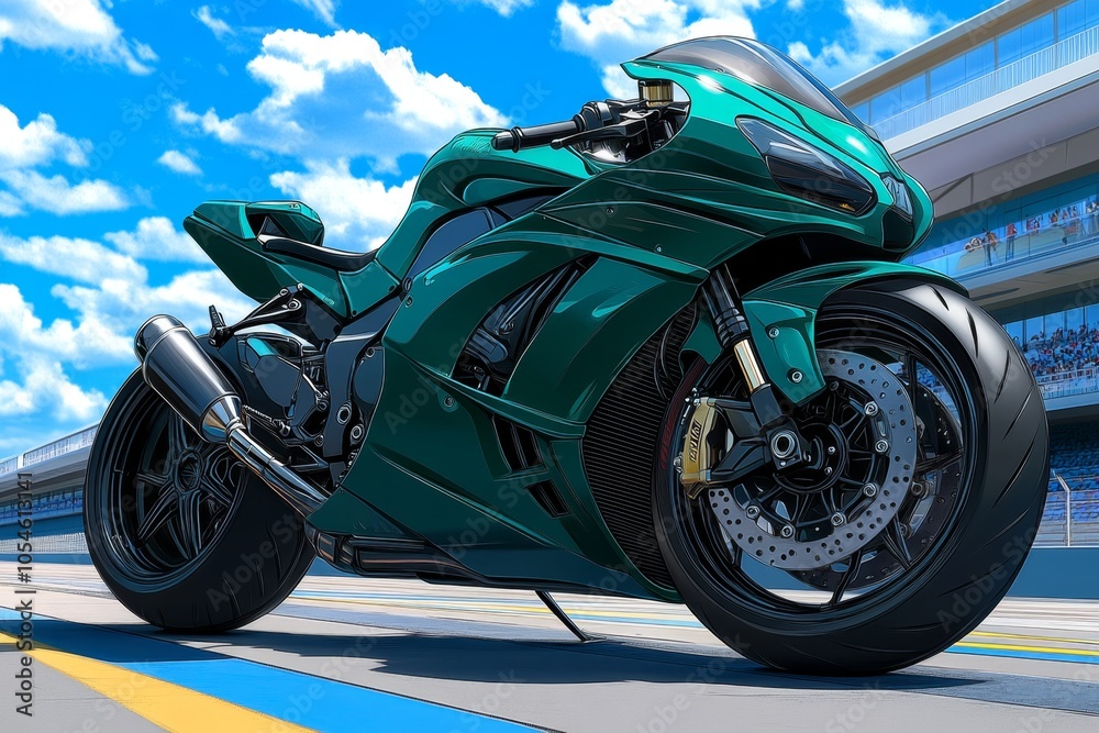 a 2D cartoon illustration of a green sports motorcycle parked in front of a race track fast and powerful white background a 2D cartoon illustration of a green sports motorcycle parked in front of a race track fast and powerful white background