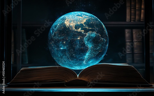 Captivating representation of an open book under a radiant blue globe, showcasing the power of knowledge and education in a technologyfocused world with a dark background photo