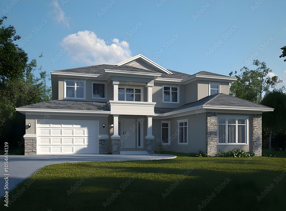 A modern two-story house with a landscaped front yard and a driveway. A modern two-story house with a landscaped front yard and a driveway.