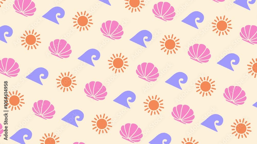 Patrón animado de vacaciones de verano en la playa con iconos de olas, soles y conchas Patrón animado de vacaciones de verano en la playa con iconos de olas, soles y conchas