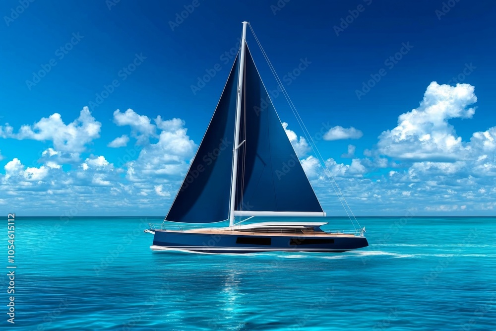 Obraz premium a 2D cartoon illustration of a sailboat on the open sea calm and breezy white background