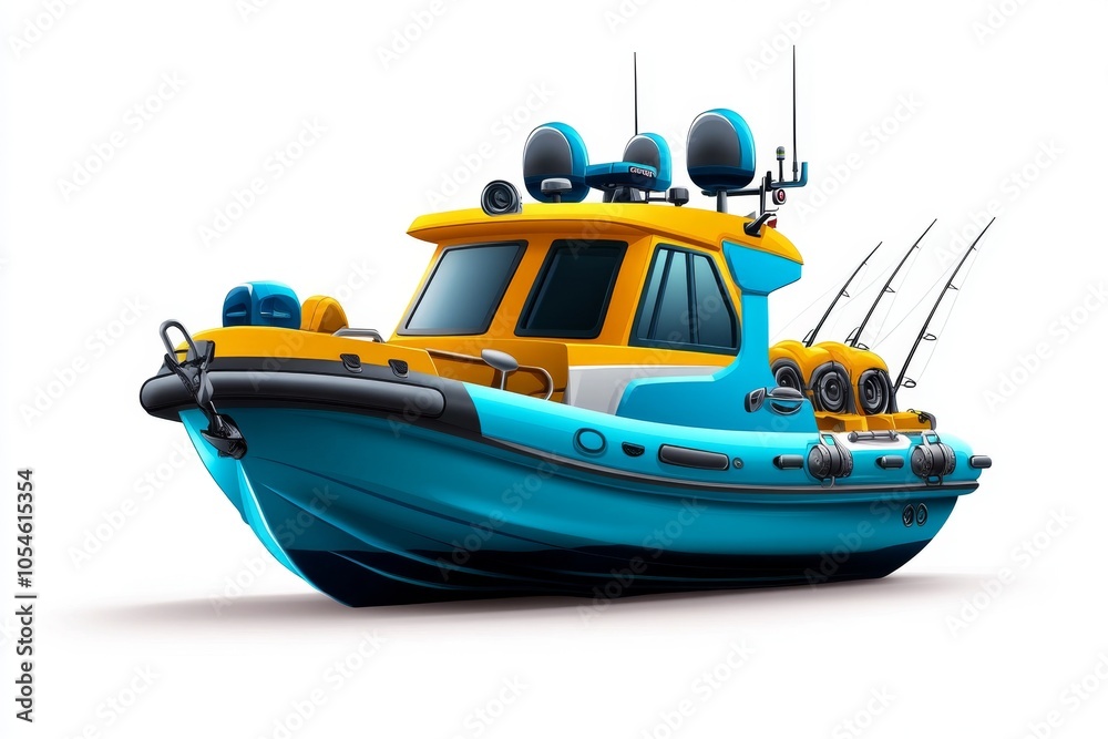 Obraz premium a 2D cartoon illustration of a small boat with fishing rods calm and ready for fishing white background