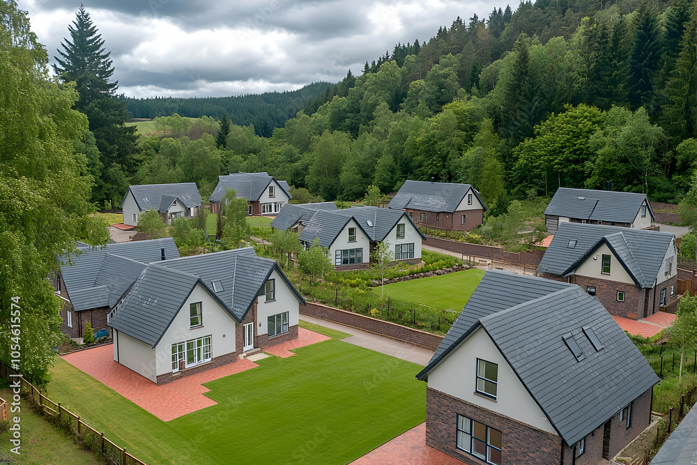 Aerial view of modern houses set in a lush green landscape with cloudy skies.