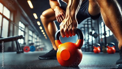 person gripping an orange kettlebell in a gym, highlighting the athlete's strength and control during the exercise