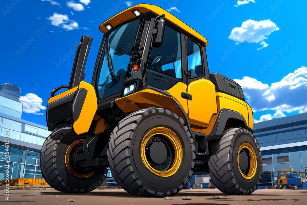 a 2D cartoon illustration of a yellow excavator on a construction site strong and reliable white background a 2D cartoon illustration of a yellow excavator on a construction site strong and reliable white background
