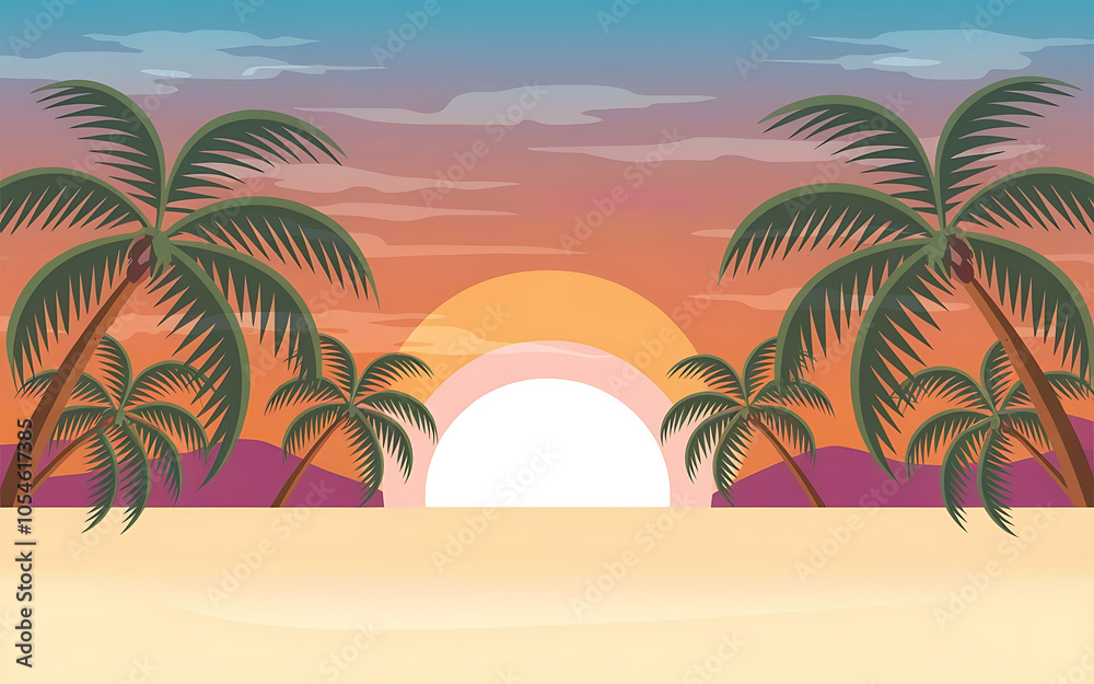 Fototapeta premium Palm trees and sunset orange and green tropical beach scene summer vacation 