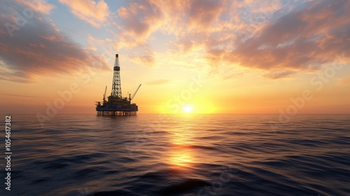 The early morning light enhances the serene waters of the North Sea while highlighting an oil and gas platform surrounded by industrial activity