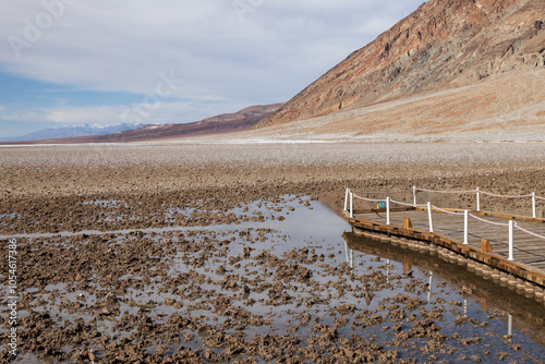 Viewing platform at Lake Manly and salt flats at Badwater Basin in Death Valley National Park, California