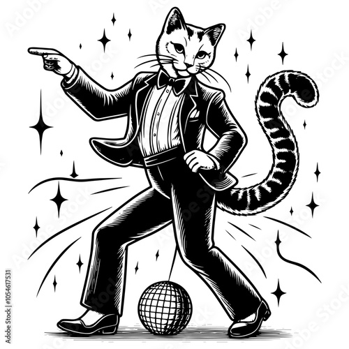 Cat in Tuxedo Dancing with Disco Ball and Sparkles, generative ai.