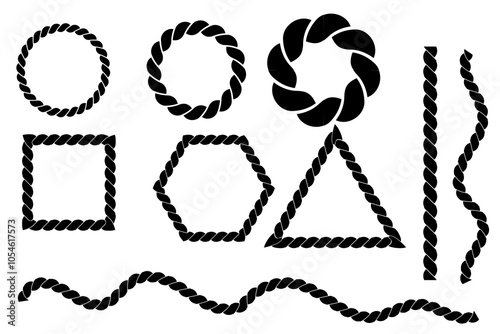 set of repeating rope pattern. Seamless hemp cord line collection. Chain, braid, plait stripes bundle. Horizontal decorative plait motif. Vector marine twine design elements for banner, poster, frame