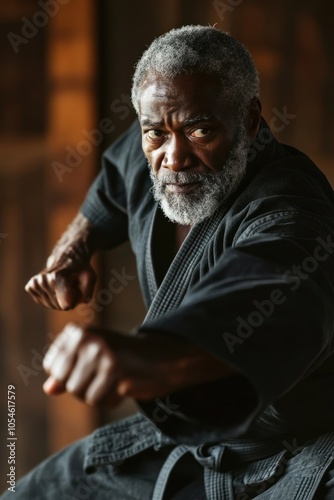 elderly african american man in black karate gi demonstrating fight technique. self-defense, senior activity, retirement hobbies, active aging and healthy lifestyle.