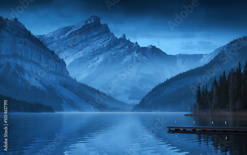 Serene Blue Mountains and Lake  Tranquil Winter Landscape  