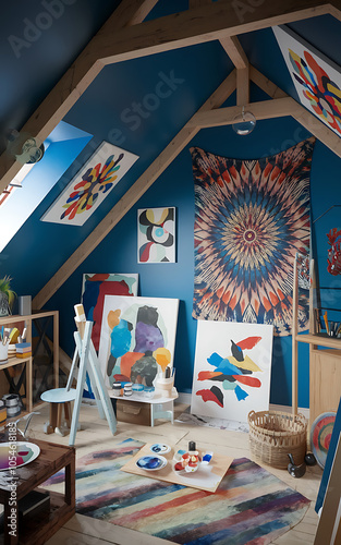 Blue and red abstract art in a bohemian attic studio with a colorful rug Artistic inspiration 