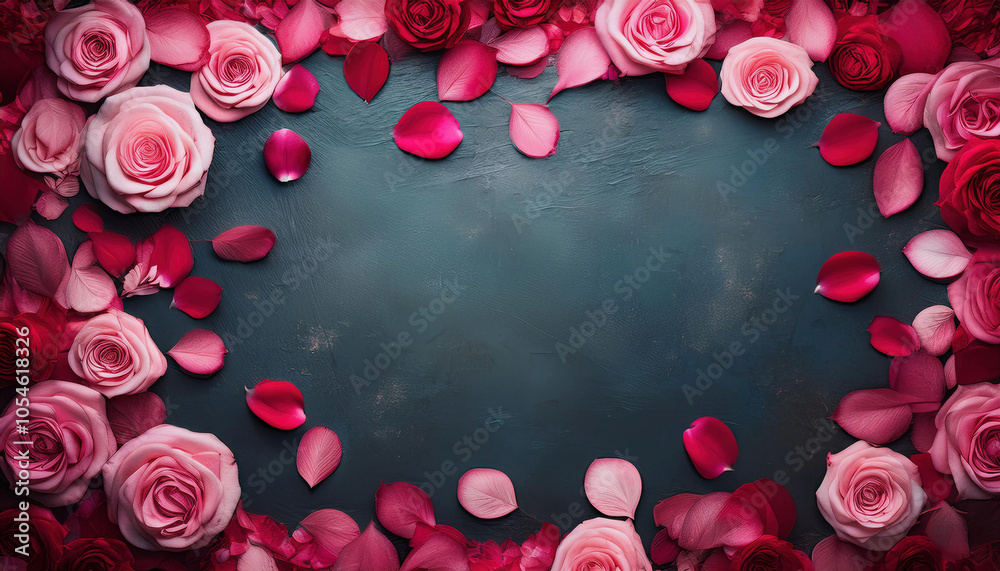 A romantic frame of pink and red rose petals arranged along the edges of a dark, grunge-textured background. Copy space for your text or design A romantic frame of pink and red rose petals arranged along the edges of a dark, grunge-textured background. Copy space for your text or design
