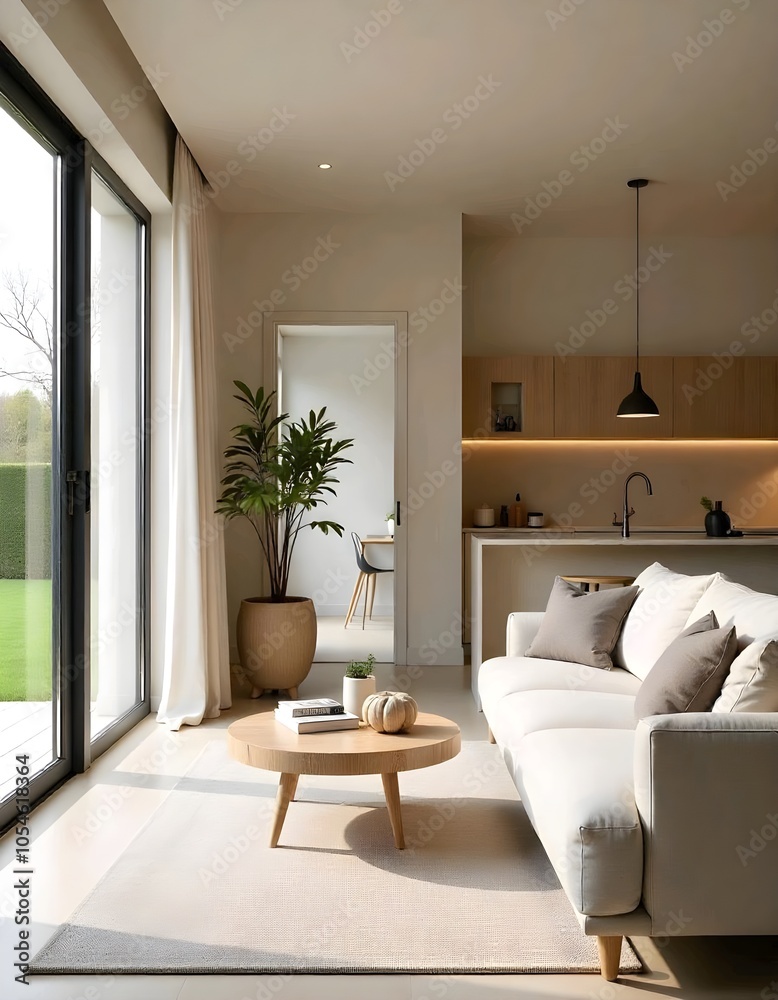 Fototapeta premium The living room has a big glass door on one side and is style with a hint of Scandinavian vibe. The furniture is neutral but has a contemporary twist.
