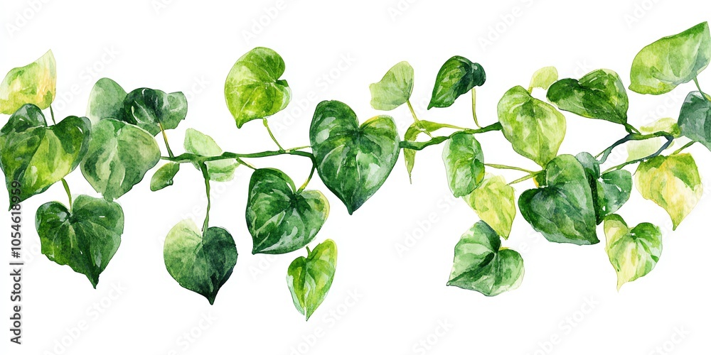 Watercolor painting of a green vine with heart-shaped leaves. Watercolor painting of a green vine with heart-shaped leaves.