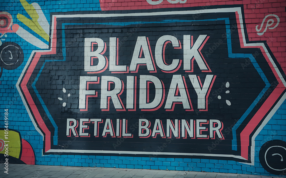 Fototapeta premium Black Friday retail banner on a brick wall with blue and red colors 