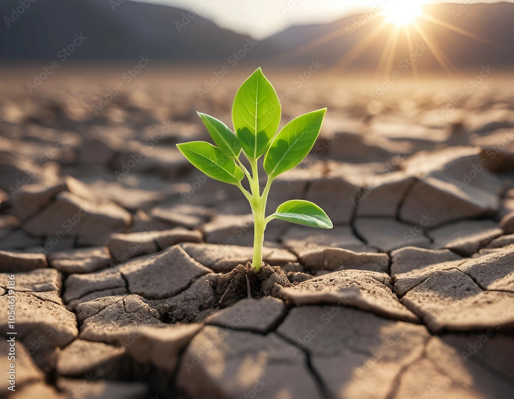 A green plant emerges from cracked earth, symbolizing resilience and hope in a harsh environment. A green plant emerges from cracked earth, symbolizing resilience and hope in a harsh environment.