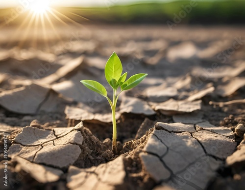 A green plant breaks through the parched, cracked ground, representing life and renewal in challenging conditions