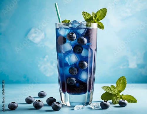 A vibrant glass of blueberry juice, elegantly adorned with fresh mint leaves, highlighting its refreshing appeal
