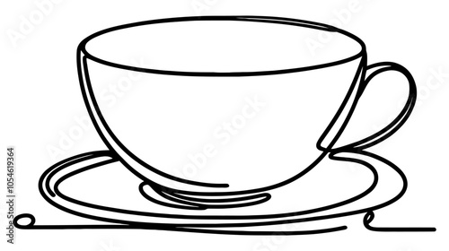 One continuous line illustration of a cup of coffee or tea on a saucer, isolated on white background.