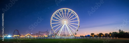 A Ferris wheel and roller coaster under a starry night sky  illuminated with warm lights  evokes a sense of wonder and excitement   