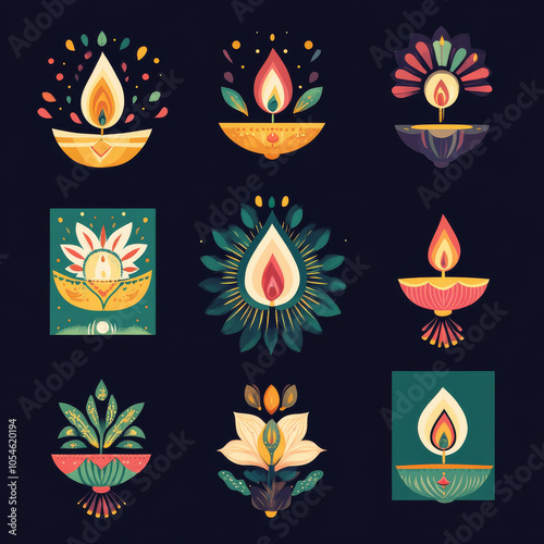 Happy Diwali! These are designs for festive greetings. They include a cursive font and vector illustrations.