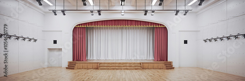 Empty stage with red and white curtains  wooden floor  and spotlights  perfect for performance  celebration  and event   