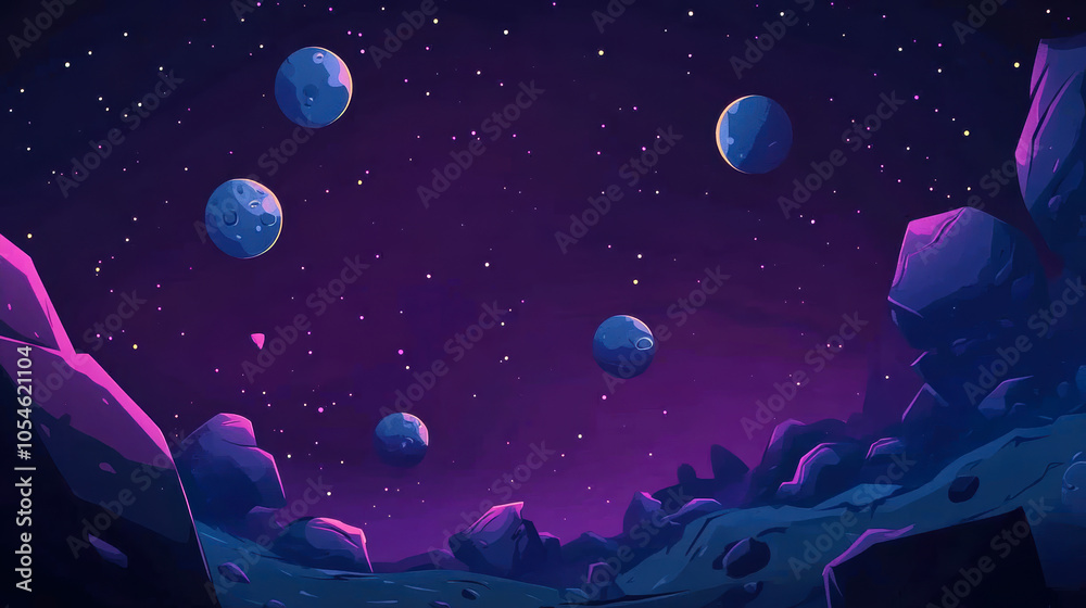 Surreal space scene with multiple moons and rocky terrain