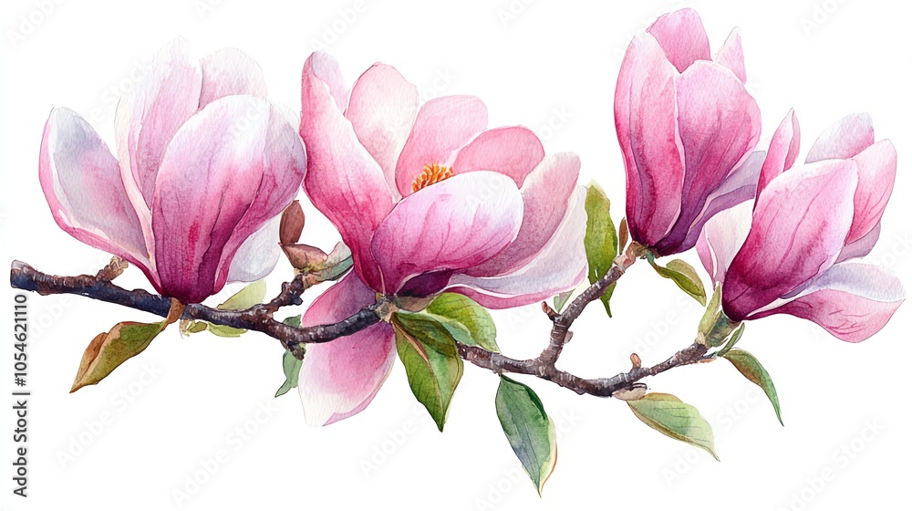 A watercolor painting of a branch of pink magnolia flowers with green leaves on a white background.