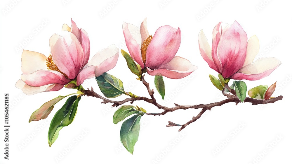 A watercolor painting of a magnolia branch with three pink blossoms and green leaves, isolated on a white background. A watercolor painting of a magnolia branch with three pink blossoms and green leaves, isolated on a white background.