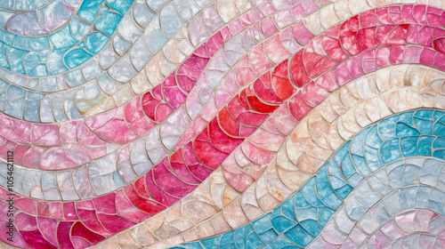 Vibrant mosaic with flowing wave patterns in blue and pink tones