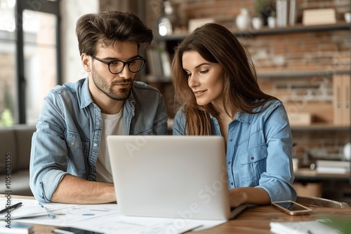 Middle Aged Latin Female Manager and Young Male Worker Collaborating on Laptop Discussing Business Plan in Office Meeting