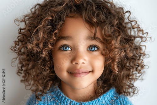 happy laughing mixed race boy child with curly hair in blue studio portrait with white background close-up of joyful expression for ads and web design