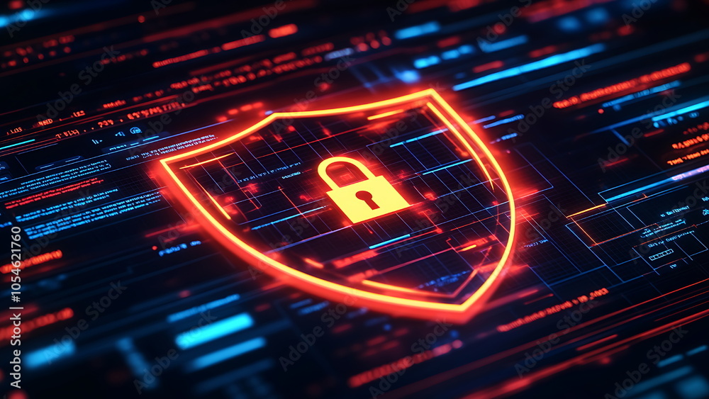 Fototapeta premium A glowing red shield with a lock graphic on a dark digital interface.