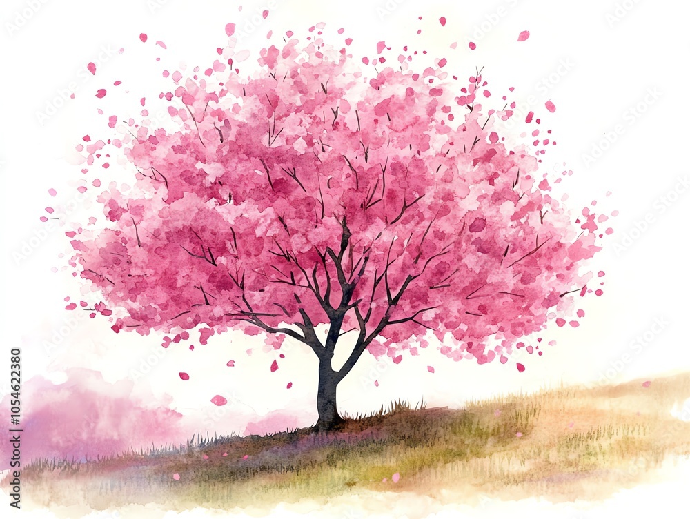 Obraz premium Watercolor painting of a blooming cherry tree with pink petals falling from its branches.