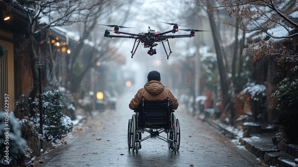Obraz premium Wheelchair user gets a drone delivery on a snowy street in a quiet winter neighborhood